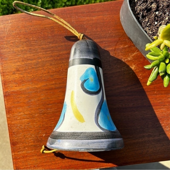MCM Vintage Pacific Stoneware Bell Wind Chime Ceramic Handpainted Blue & Yellow - Picture 2 of 4